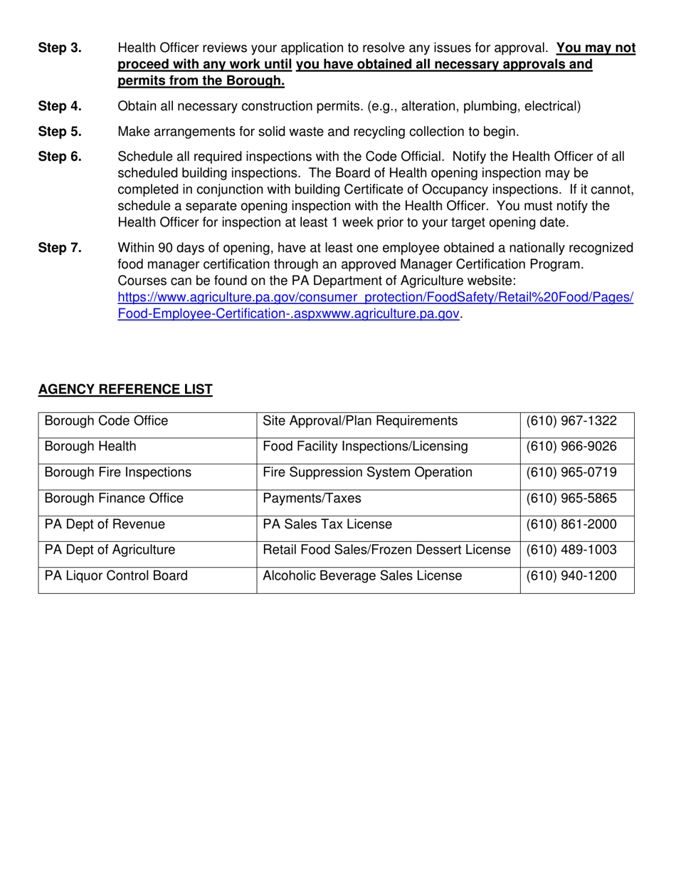 Instructions for Opening or Renovating a Food Service Establishment - Borough of Emmaus, Pennsylvania, Page 2