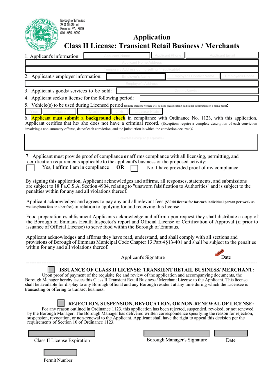 Application for Class II License: Transient Retail Business / Merchants - Borough of Emmaus, Pennsylvania, Page 1