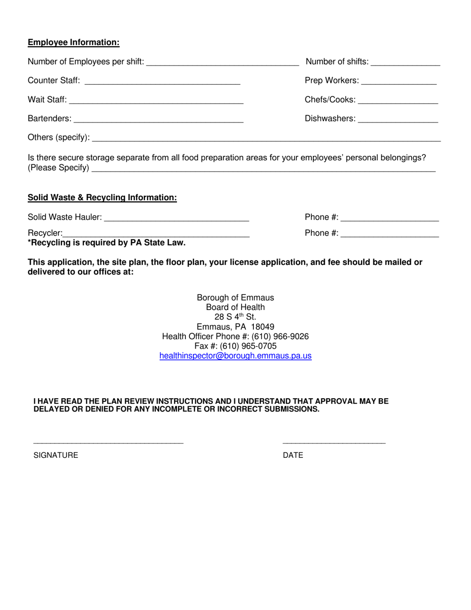 Plan Review Application for Food Service Establishments - Borough of Emmaus, Pennsylvania, Page 7