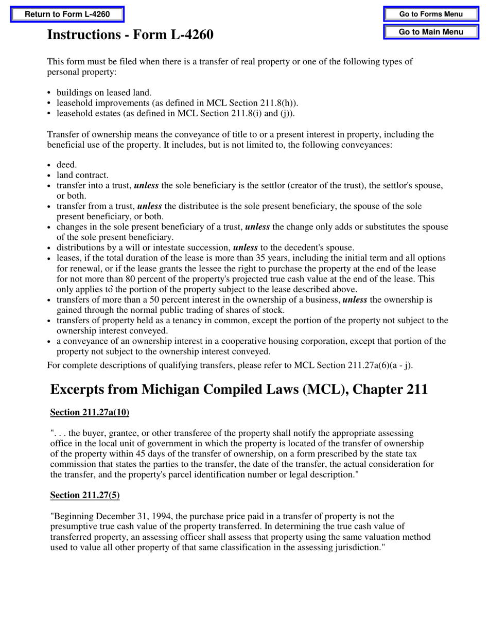 Instructions for Form L-4260 Property Transfer Affidavit - Michigan, Page 1