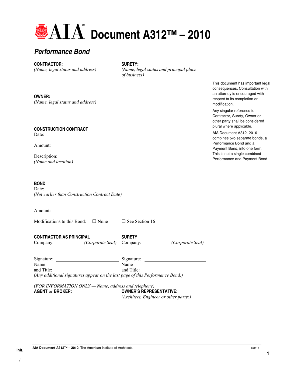 Form A312-2010 Aia Bond Form - City of Adrian, Michigan, Page 1