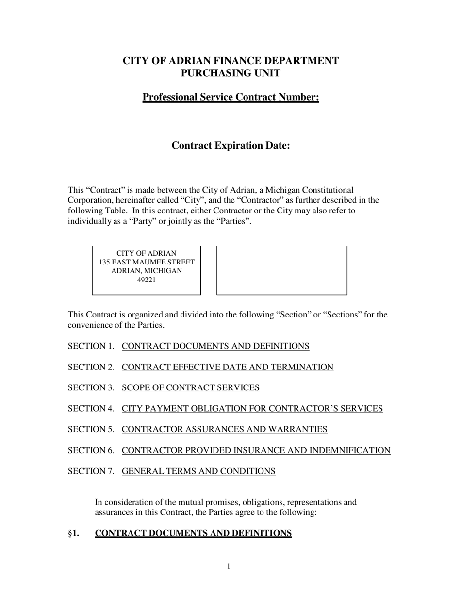 Professional Services Contract - City of Adrian, Michigan, Page 1