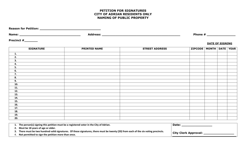 City of Adrian, Michigan Petition for Signatures Naming of Public Property Fill Out, Sign