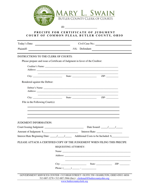 Precipe for Certificate of Judgement - Butler County, Ohio Download Pdf