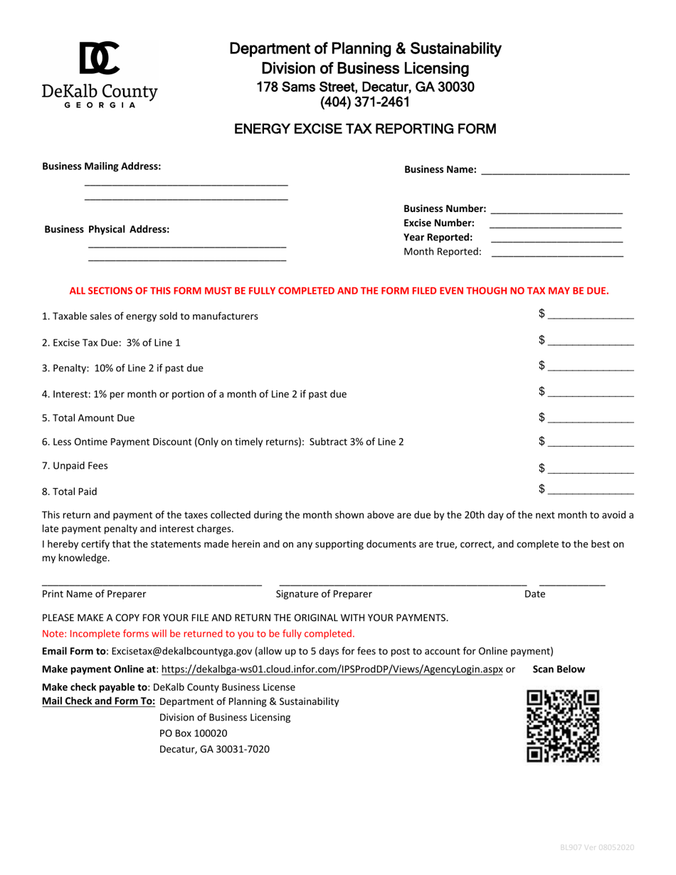 Form BL907 Energy Excise Tax Reporting Form - DeKalb County, Georgia (United States), Page 1