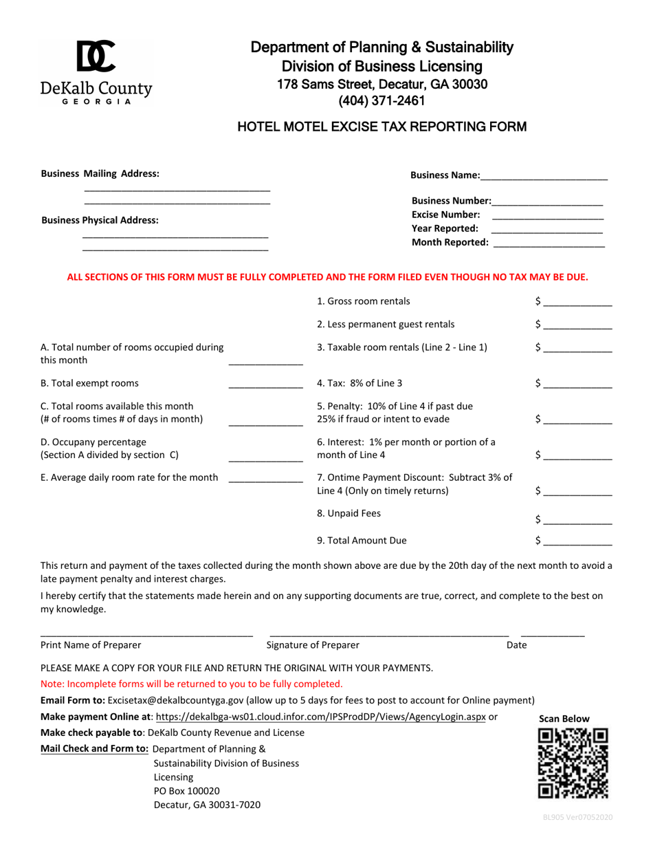Form BL905 Hotel Motel Excise Tax Reporting Form - DeKalb County, Georgia (United States), Page 1