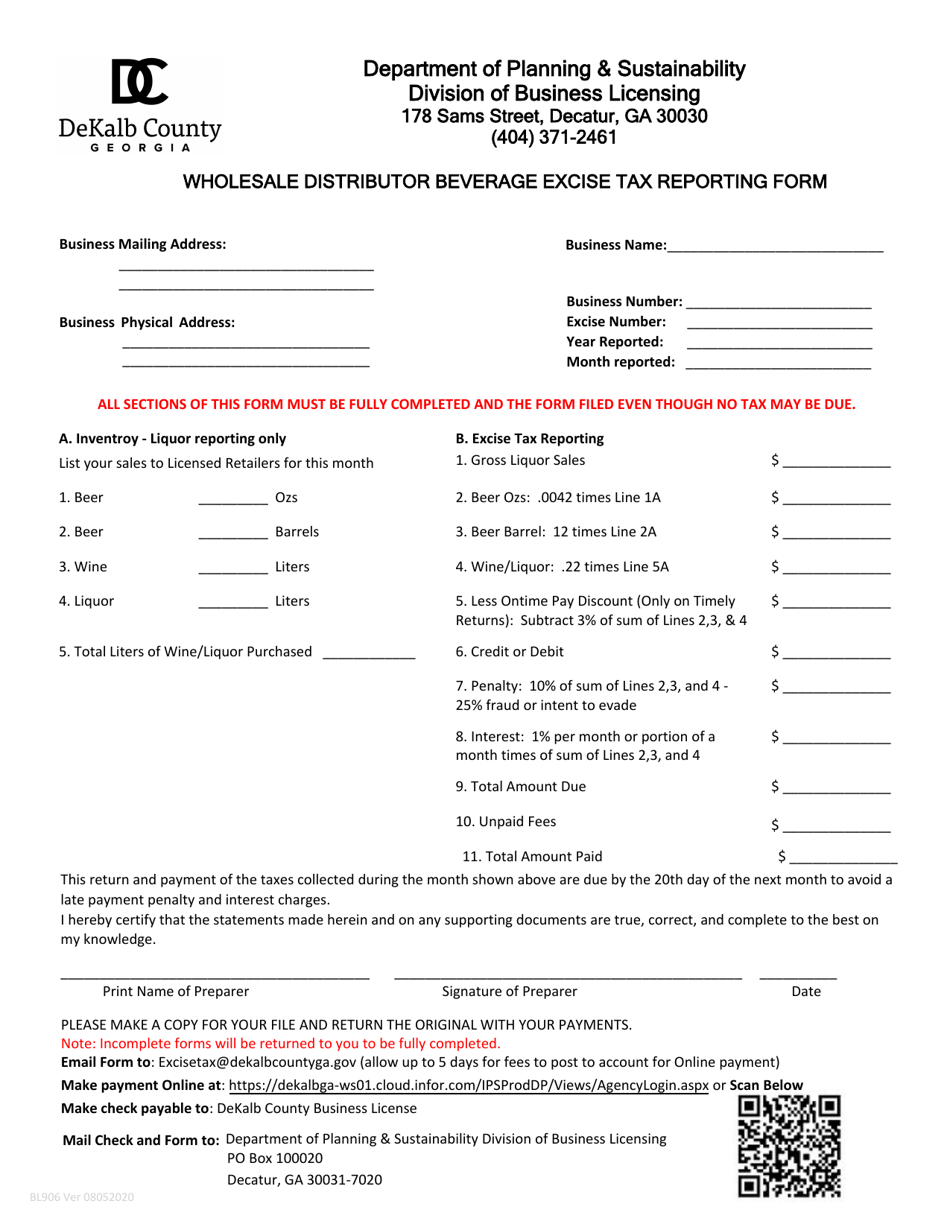 Form BL906 Wholesale Distributor Beverage Excise Tax Reporting Form - DeKalb County, Georgia (United States), Page 1
