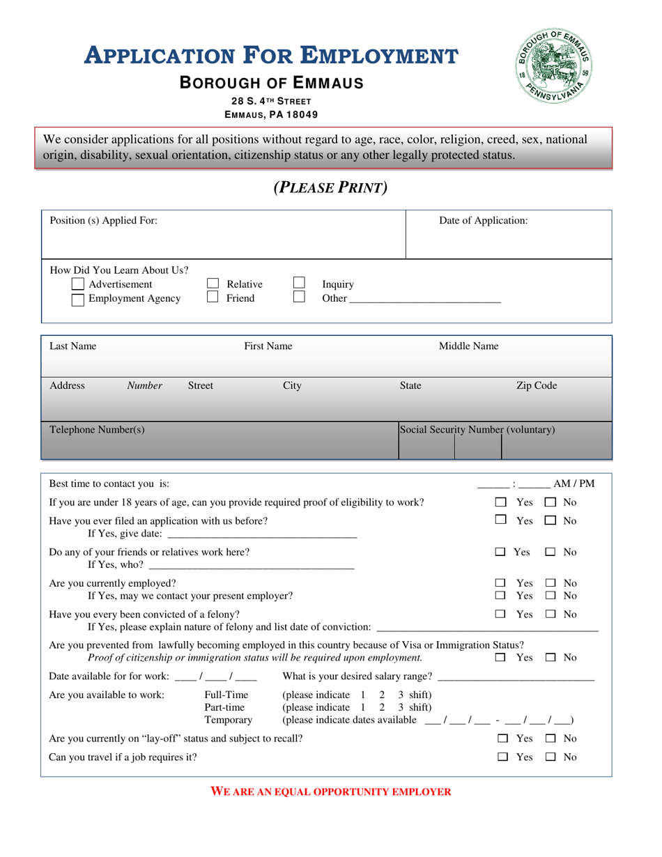 Application for Employment - Borough of Emmaus, Pennsylvania, Page 1