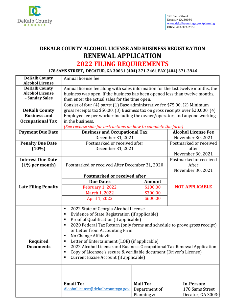 Alcohol License and Business Registration Renewal Application - DeKalb County, Georgia (United States), Page 1