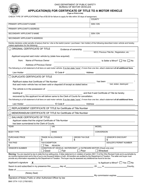 Form BMV3774 Application(S) for Certificate of Title to a Motor Vehicle - Ohio
