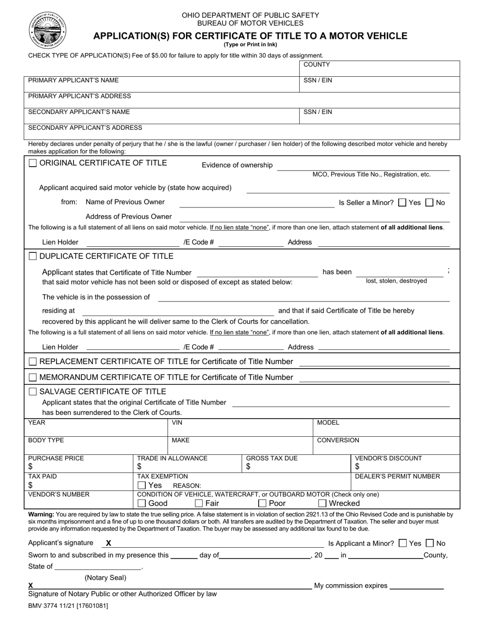 Form BMV3774 Application(S) for Certificate of Title to a Motor Vehicle - Ohio, Page 1
