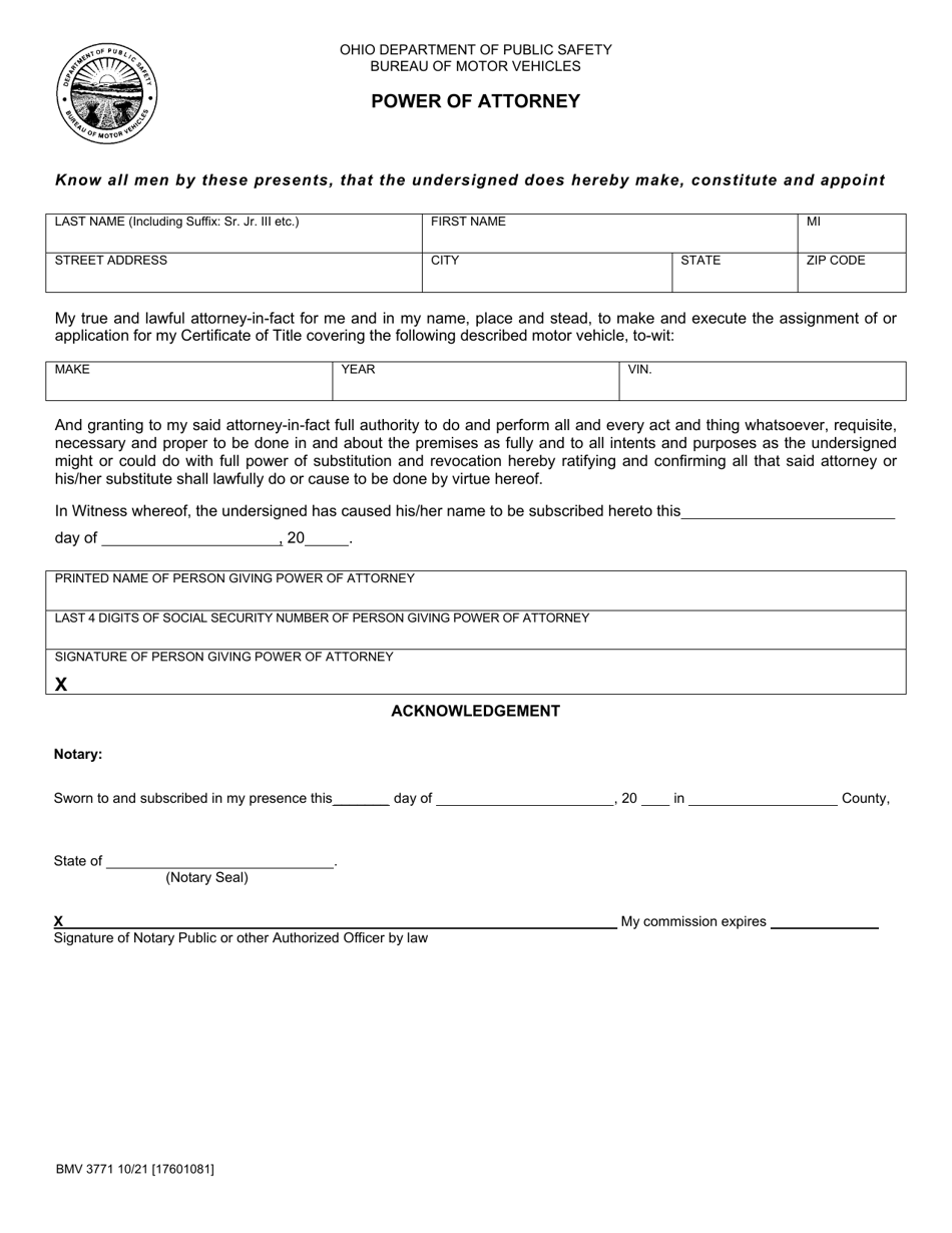 Form bmv3771 download printable pdf or fill online power of attorney