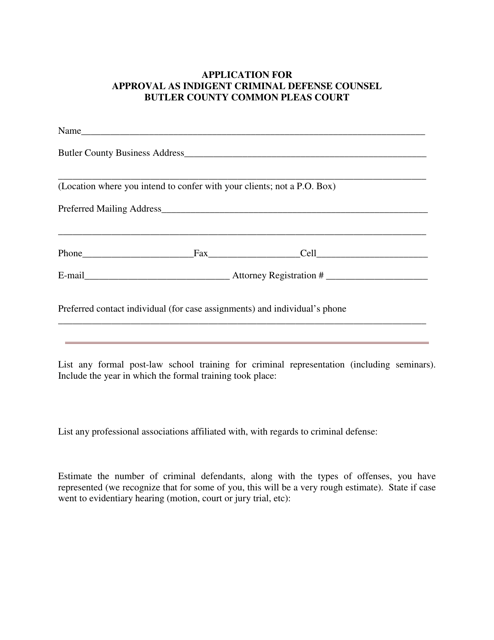 Application for Approval as Indigent Criminal Defense Counsel - Butler County, Ohio Download Pdf