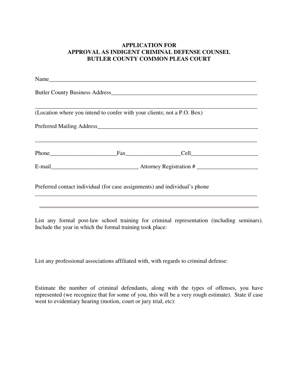 Application for Approval as Indigent Criminal Defense Counsel - Butler County, Ohio, Page 1