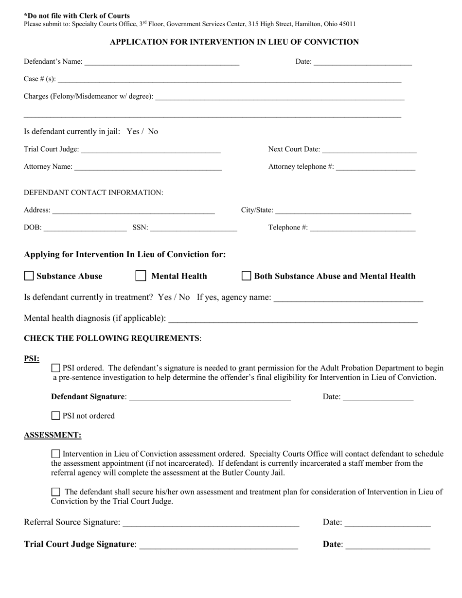 Butler County, Ohio Application for Intervention in Lieu of Conviction