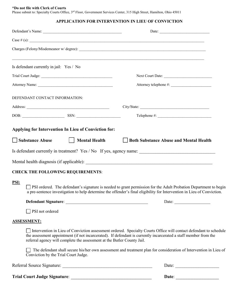 Application for Intervention in Lieu of Conviction - Butler County, Ohio, Page 1