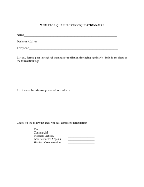 Mediator Qualification Questionnaire - Butler County, Ohio Download Pdf