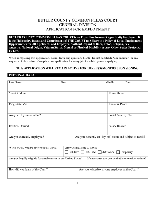 Application for Employment - Butler County, Ohio Download Pdf