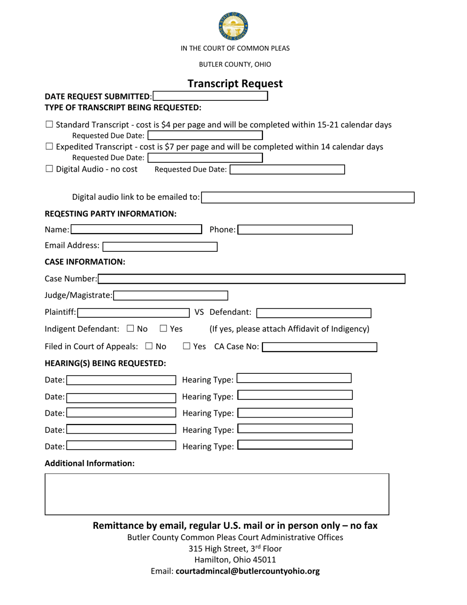 Transcript Request - Butler County, Ohio, Page 1