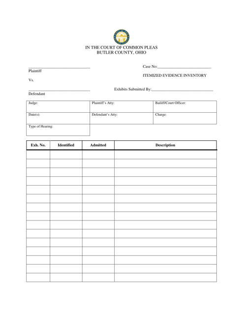Itemized Evidence Inventory - Butler County, Ohio Download Pdf