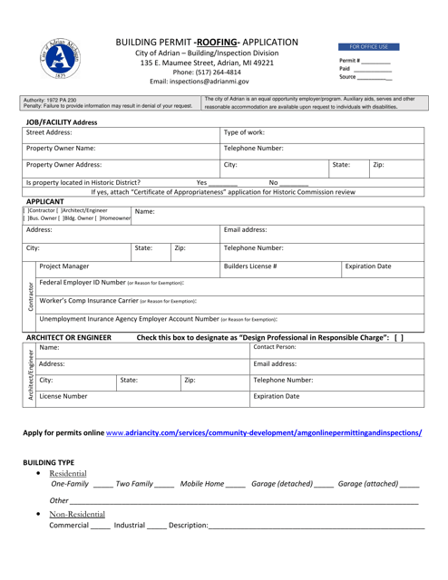 Building Permit Application - Roofing - City of Adrian, Michigan Download Pdf