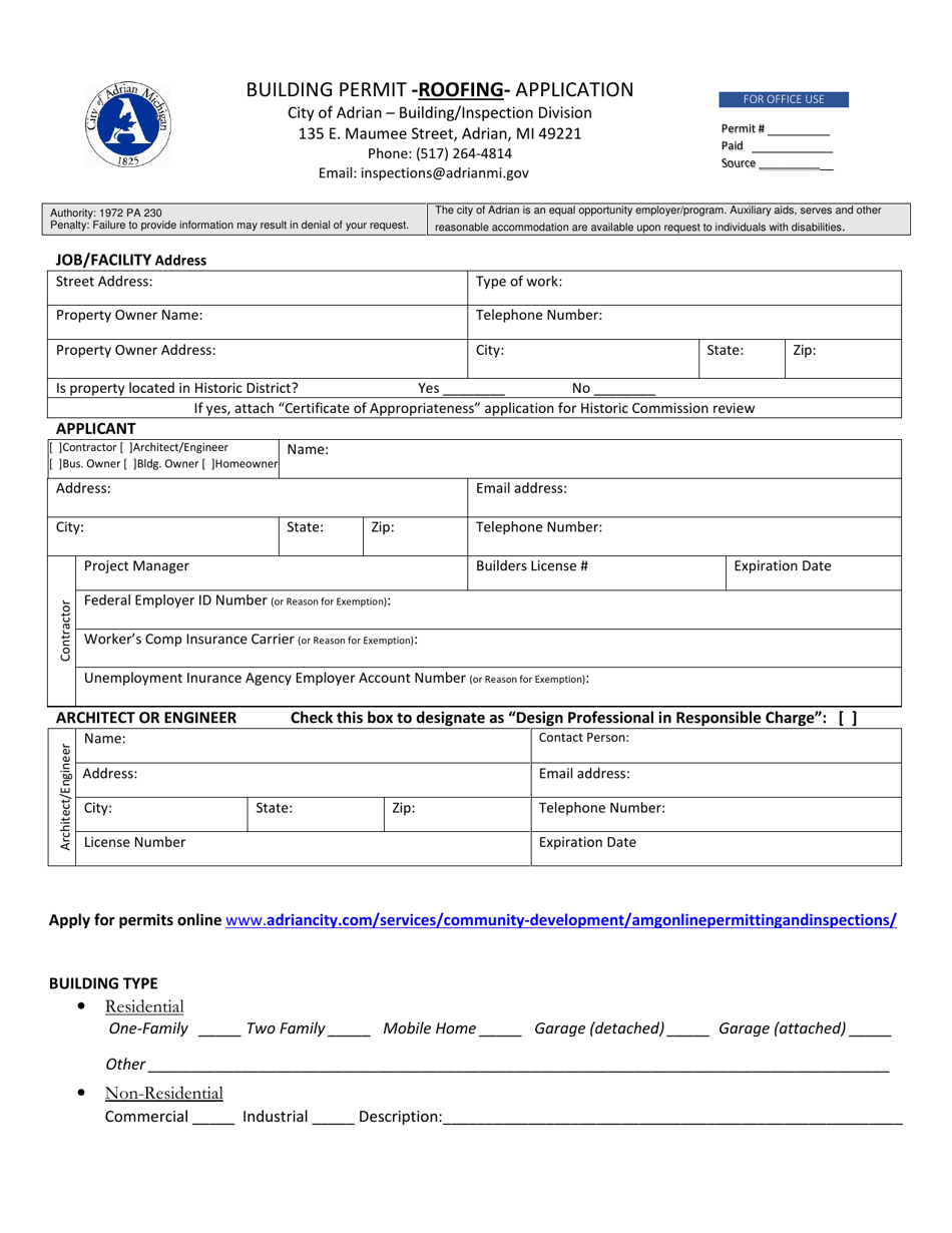 Building Permit Application - Roofing - City of Adrian, Michigan, Page 1