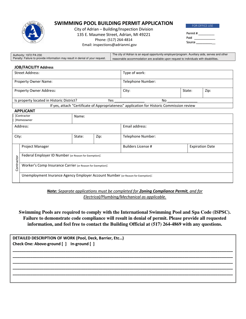 Swimming Pool Building Permit Application - City of Adrian, Michigan, Page 1