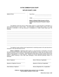 Document preview: Form 96-G1 Motion to Restrict Public Access to Civil or Criminal Case Document Pursuant to Sup.r. 45(E) - Butler County, Ohio