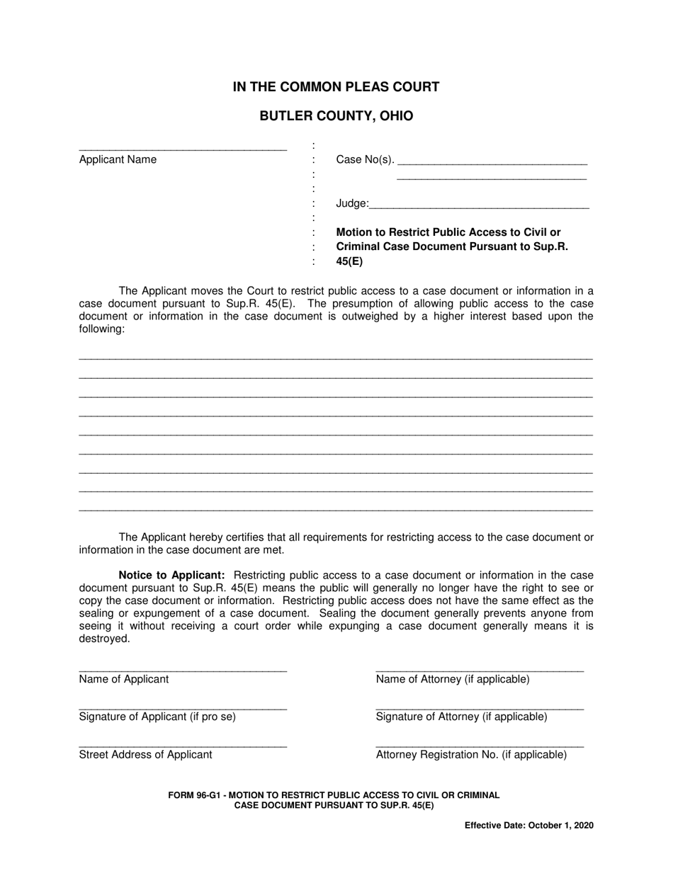 Form 96-G1 Motion to Restrict Public Access to Civil or Criminal Case Document Pursuant to Sup.r. 45(E) - Butler County, Ohio, Page 1