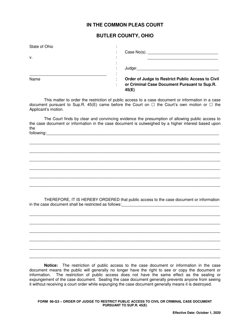 Form 96-G3 Order of Judge to Restrict Public Access to Civil or Criminal Case Document Pursuant to Sup.r. 45(E) - Butler County, Ohio, Page 1