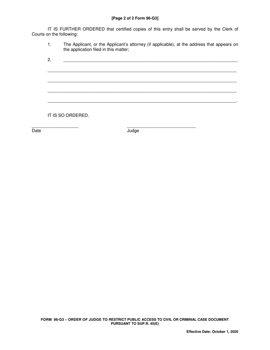 Form 96-G3 Order of Judge to Restrict Public Access to Civil or Criminal Case Document Pursuant to Sup.r. 45(E) - Butler County, Ohio, Page 2