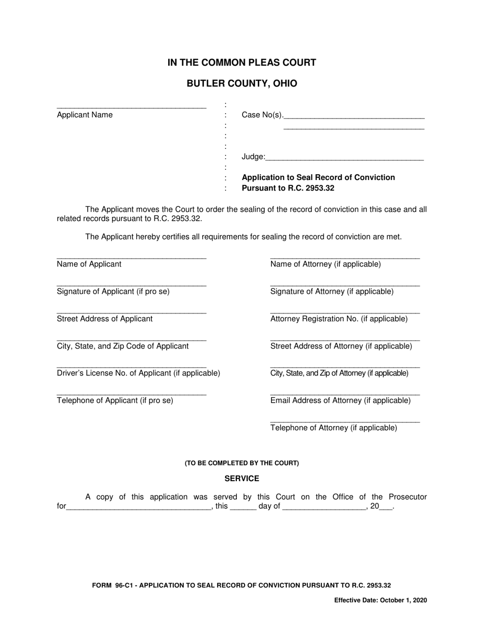 Form 96-C1 Application to Seal Record of Conviction Pursuant to R.c. 2953.32 - Butler County, Ohio, Page 1
