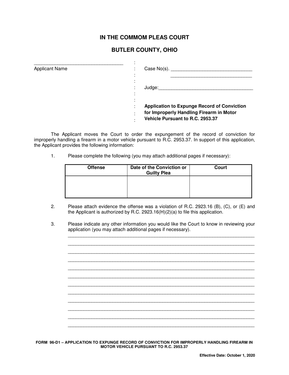 Form 96-D1 Application to Expunge Record of Conviction for Improperly Handling Firearm in Motor Vehicle Pursuant to R.c. 2953.37 - Butler County, Ohio, Page 1