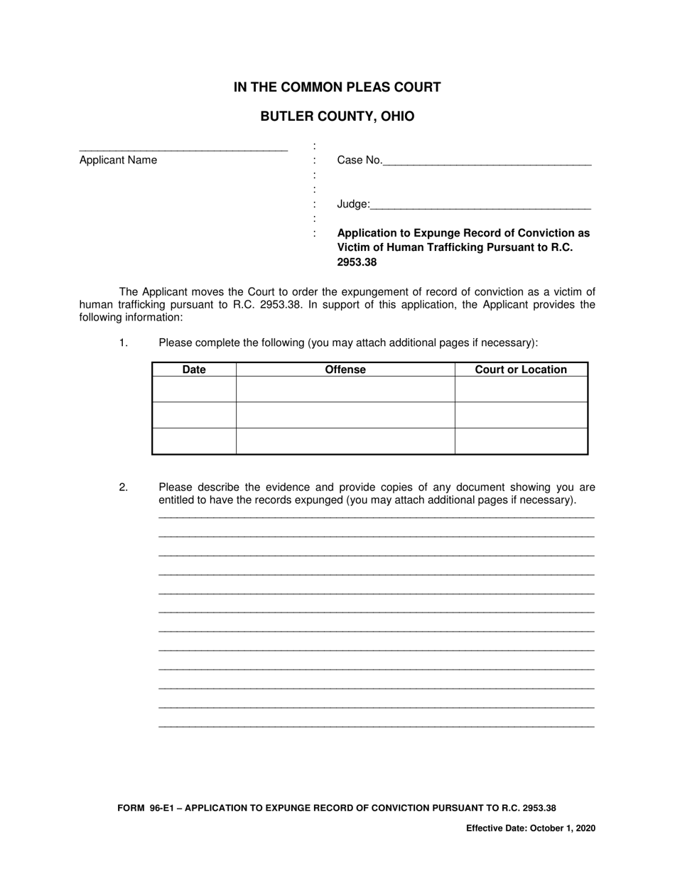 Form 96-E1 Application to Expunge Record of Conviction as Victim of Human Trafficking Pursuant to R.c. 2953.38 - Butler County, Ohio, Page 1