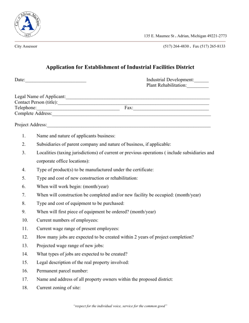 Application for Establishment of Industrial Facilities District - City of Adrian, Michigan Download Pdf