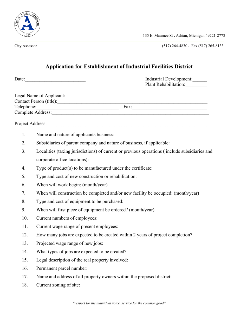 City of Adrian, Michigan Application for Establishment of Industrial