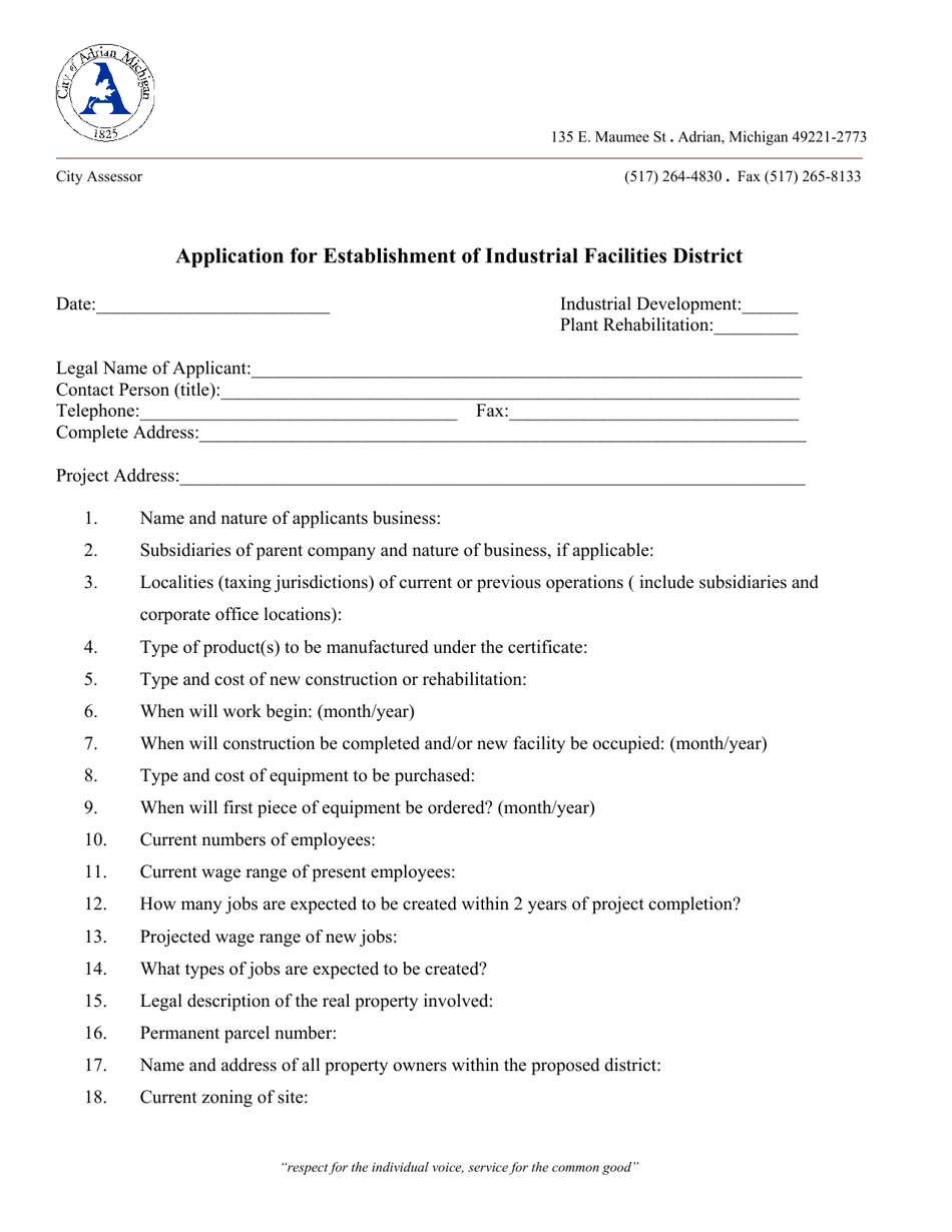 Application for Establishment of Industrial Facilities District - City of Adrian, Michigan, Page 1