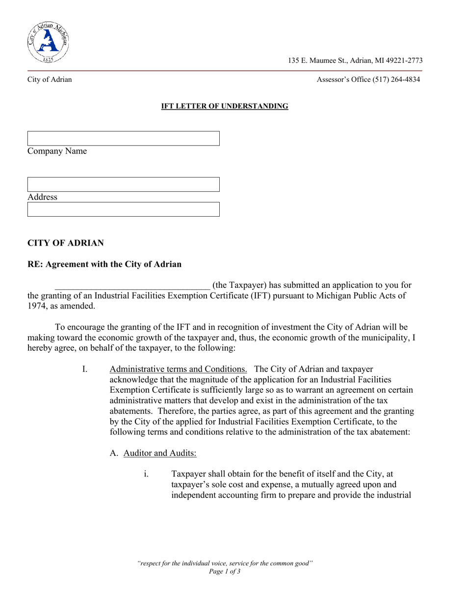 Ift Letter of Understanding - City of Adrian, Michigan, Page 1