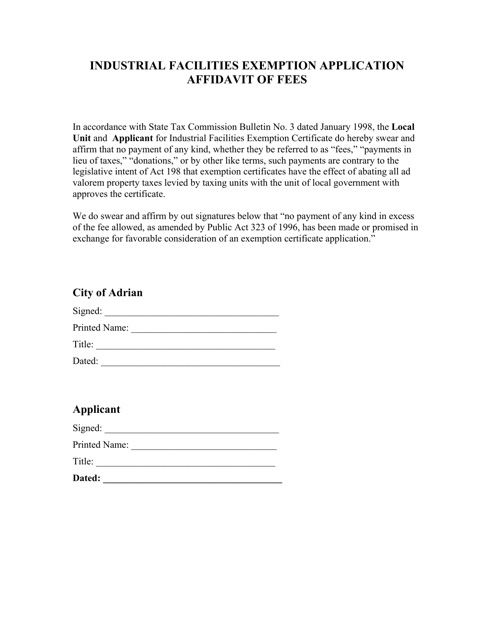 Industrial Facilities Exemption Application Affidavit of Fees - City of Adrian, Michigan Download Pdf