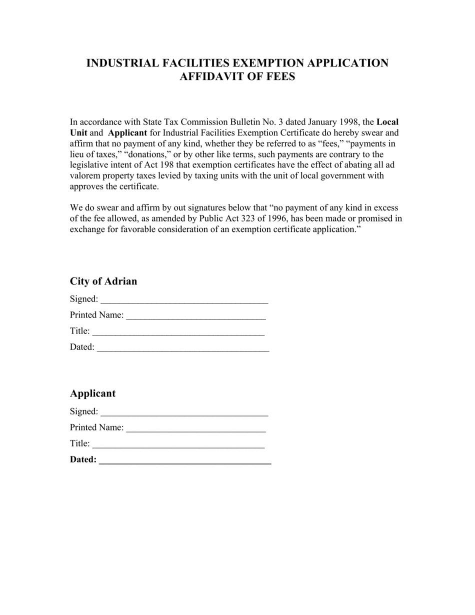 Industrial Facilities Exemption Application Affidavit of Fees - City of Adrian, Michigan, Page 1