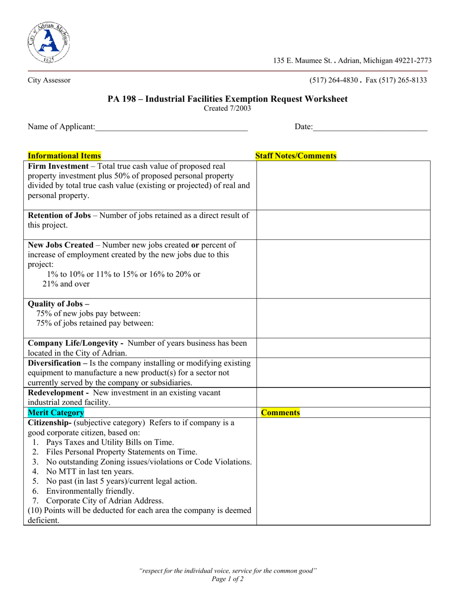 Form PA198 Industrial Facilities Exemption Request Worksheet - City of Adrian, Michigan, Page 1