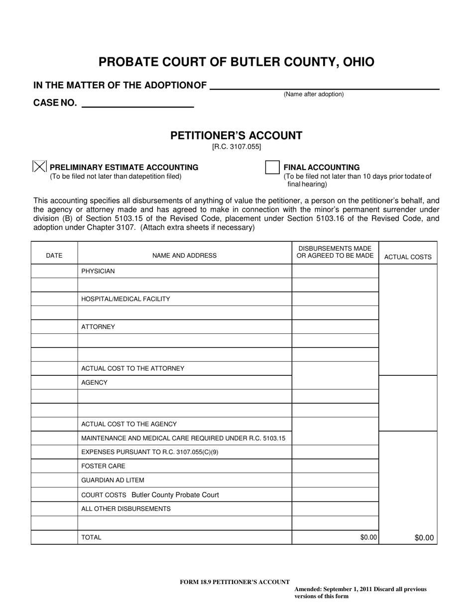 Form 18.9 Petitioners Account - Butler County, Ohio, Page 1