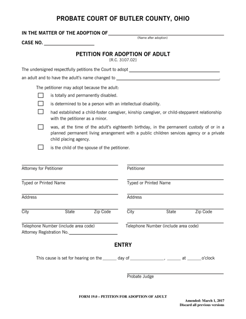 Form 19.0 Petition for Adoption of Adult - Butler County, Ohio