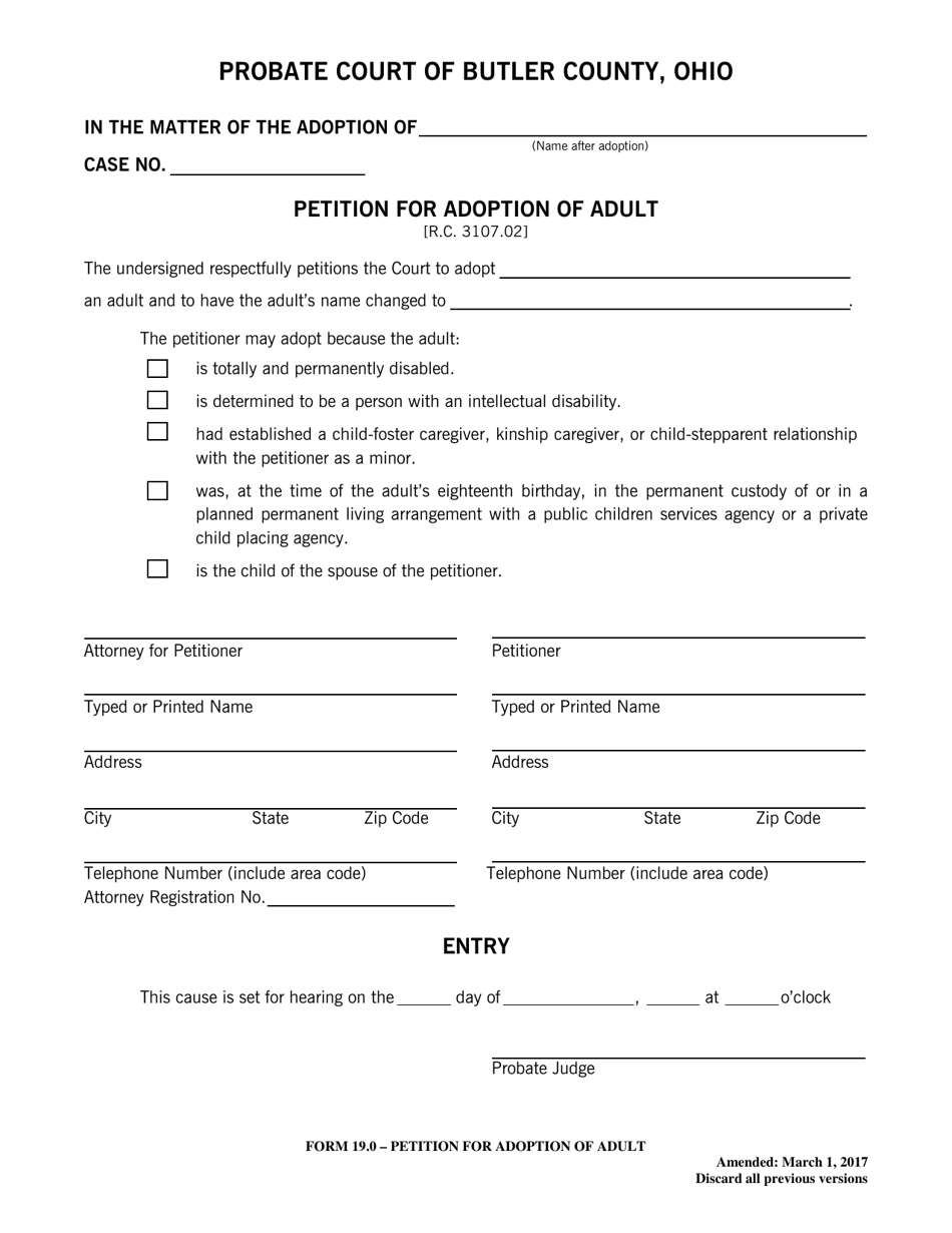 Form 19.0 Petition for Adoption of Adult - Butler County, Ohio, Page 1