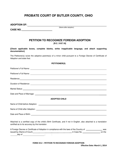 Form 19.2 Petition to Recognize Foreign Adoption - Butler County, Ohio