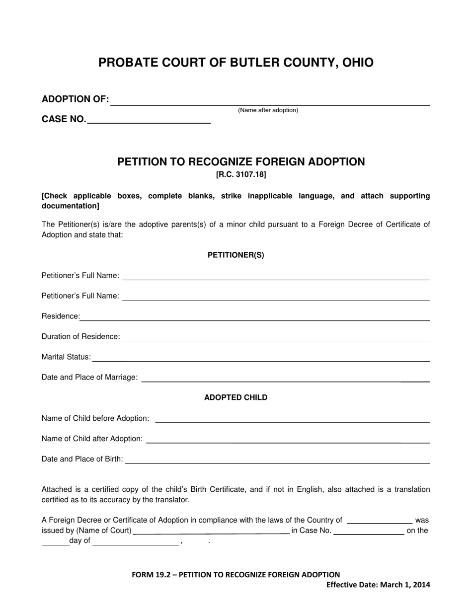 Form 19.2 Petition to Recognize Foreign Adoption - Butler County, Ohio, Page 1