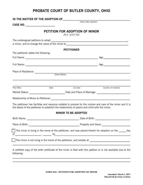 Form 18.0 Petition for Adoption of Minor - Butler County, Ohio