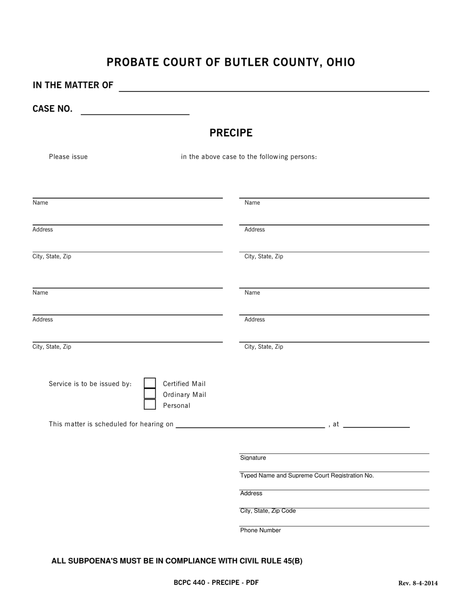 BCPC Form 440 Precipe - Butler County, Ohio, Page 1