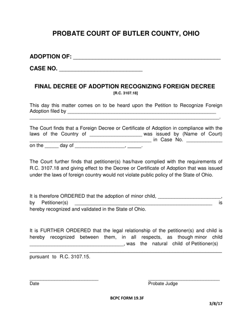 BCPC Form 19.3F Final Decree of Adoption Recognizing Foreign Decree - Butler County, Ohio