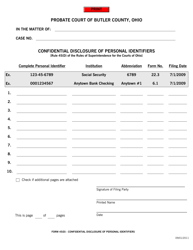 Document preview: Form 45(D) Confidential Disclosure of Personal Identifiers - Butler County, Ohio